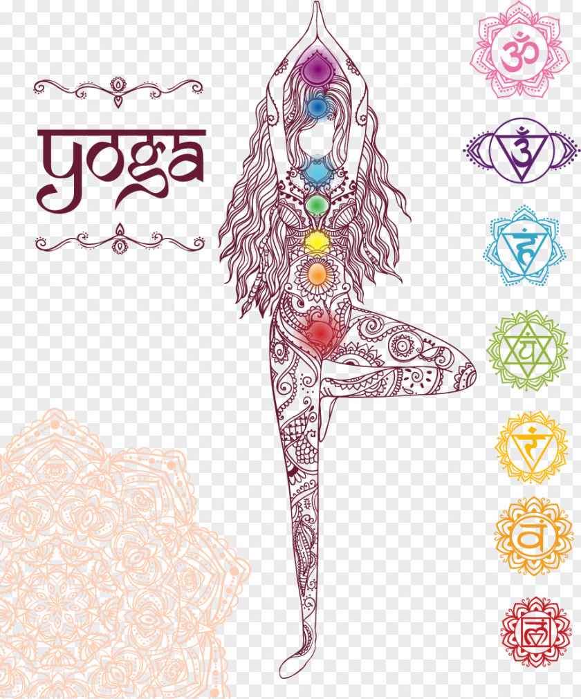 Long Curly Hair Balanced Yoga Mandala Chakra Drawing Illustration PNG