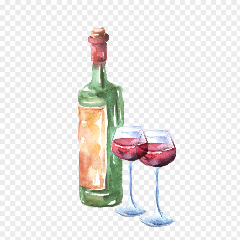 Hand Painted Wine Bottles And Glasses Red Glass Liqueur Bottle PNG