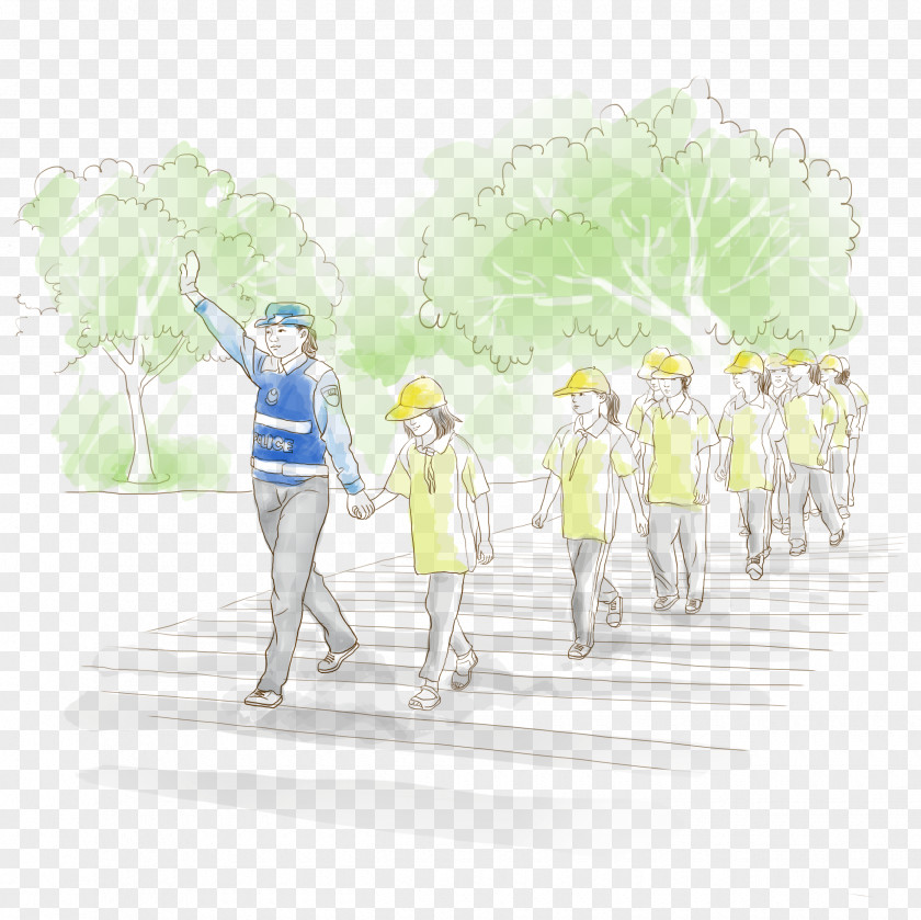 Female Traffic Police Draw A Friend To Cross The Road Hand Drawing Cartoon PNG