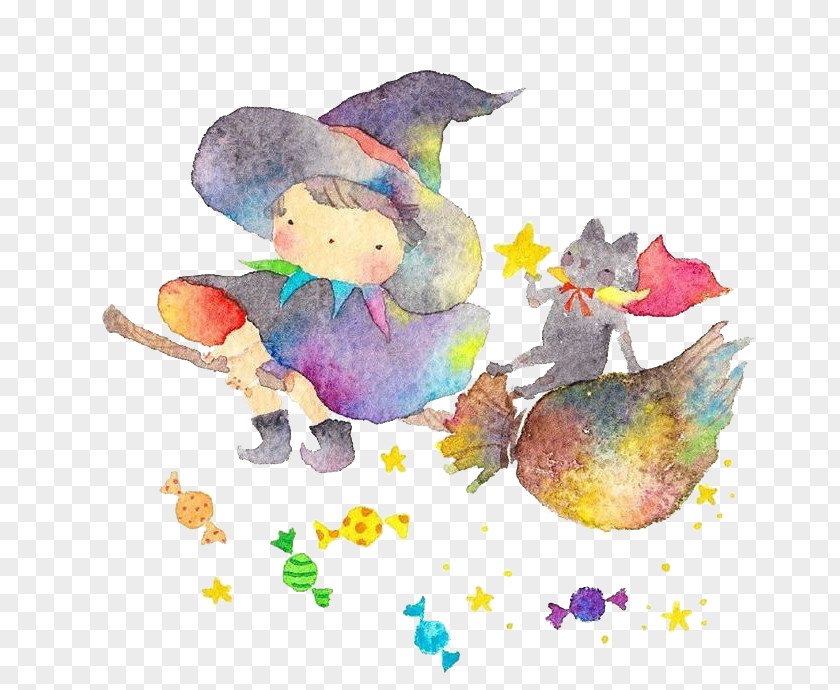 Watercolor Flying Little Witch Painting Boszorkxe1ny Illustration PNG