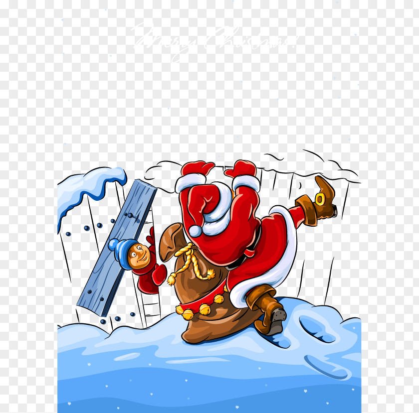 Santa Claus Cartoon Illustration Design Over The Wall Material Eps Download, Christmas PNG