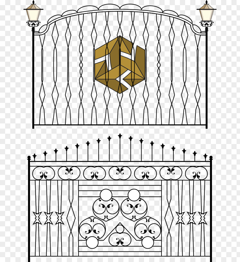 Vector Black And White Walled Iron Fence Gate Wrought Railing PNG