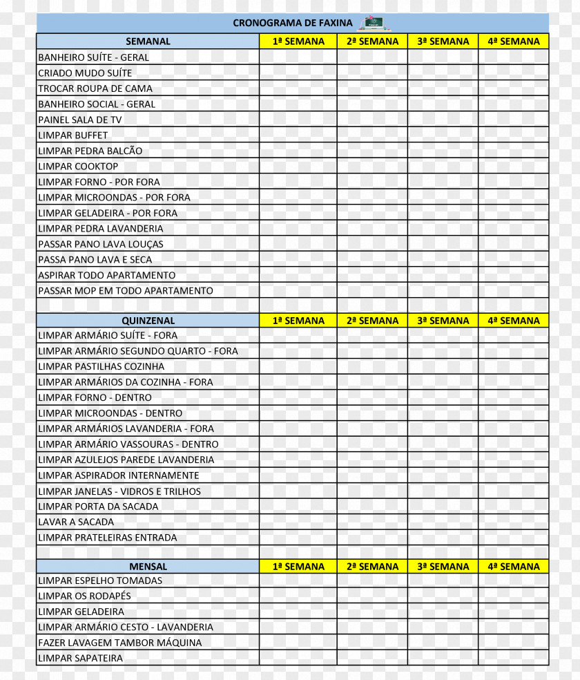 Planilha Cleaning Schedule Domestic Worker Organization Meeting PNG