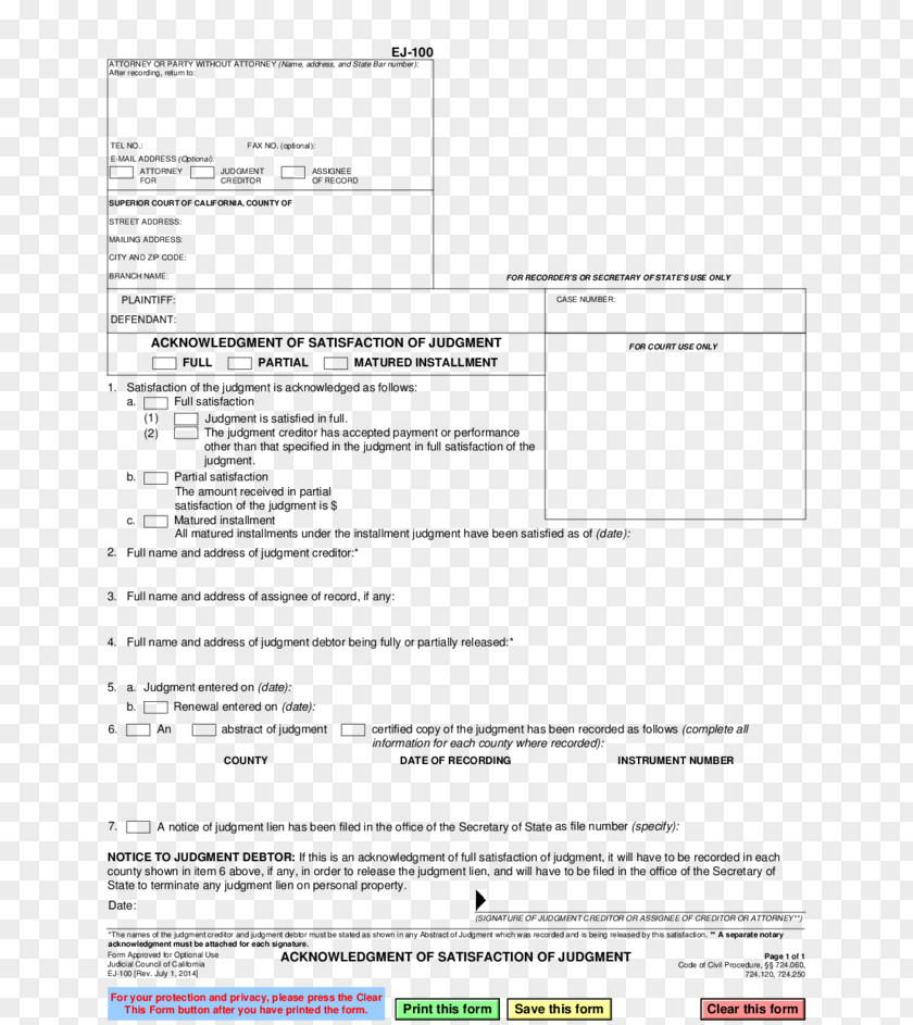 Abstract Of Judgment California Document Form PNG