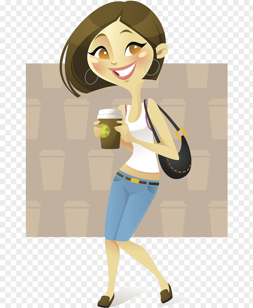 Cartoon Illustration For Girls To Drink Coffee Drawing PNG