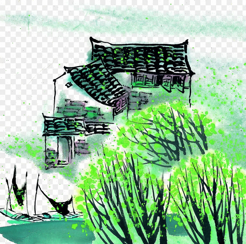 Water Jiangnan Village Watercolor Painting Ink Wash PNG