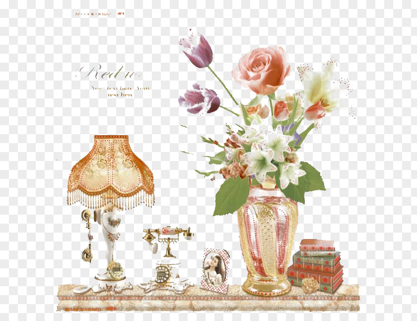 Exquisite Table Lamp And Flowers Floral Design Gift Vase PNG