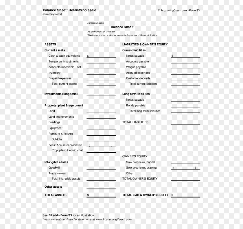 Business Balance Sheet Sole Proprietorship Form Microsoft Excel PNG