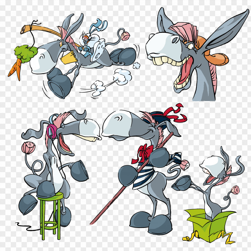 Hand Drawn Vector Material Cute Donkey Cartoon Humour PNG