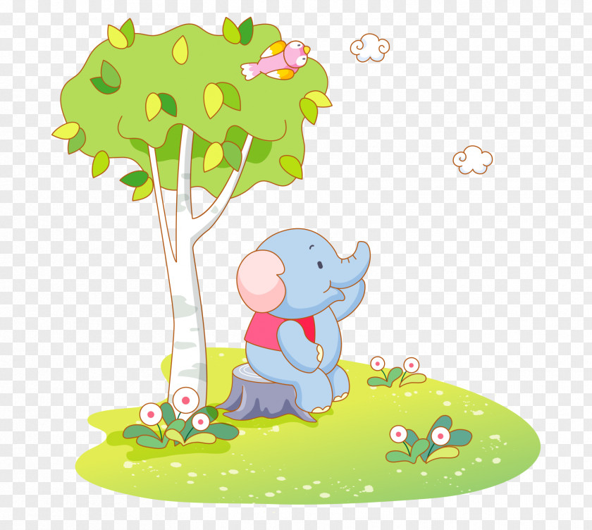 Vector Cartoon Elephant Sitting On Stump Green Trees And Flowers Balloon Fly Mosquito PNG