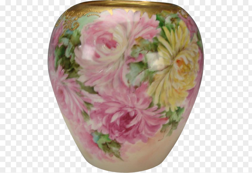 Hand Painted Vintage Flower Vase Pair Garden Roses Lucie Kaas Porcelain PNG
