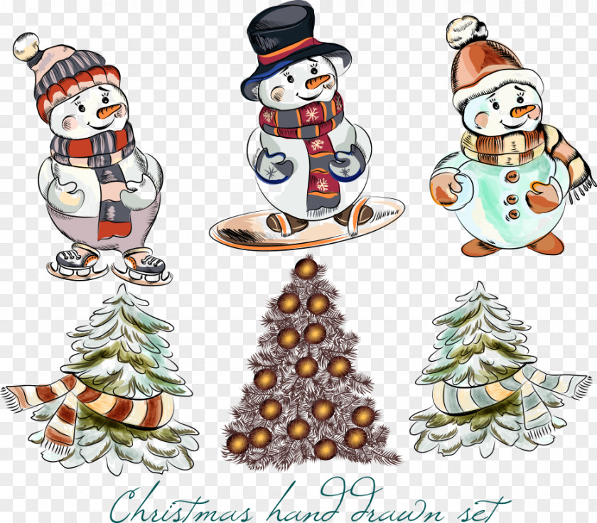 Vector Snowman And Christmas Trees Tree Santa Claus Illustration PNG