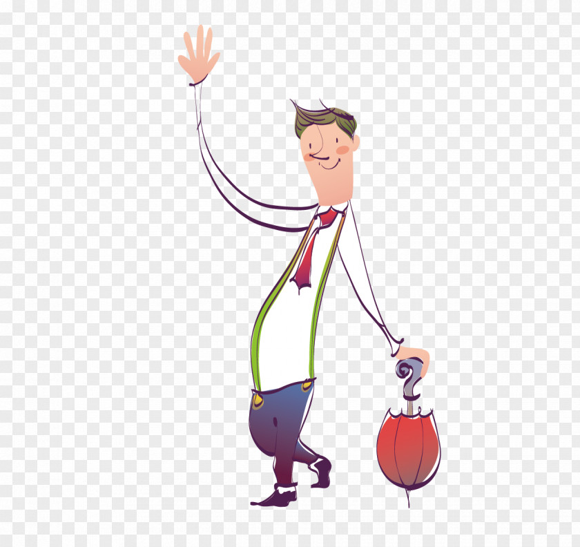 Man Holding An Umbrella To Walk Cartoon Illustration PNG