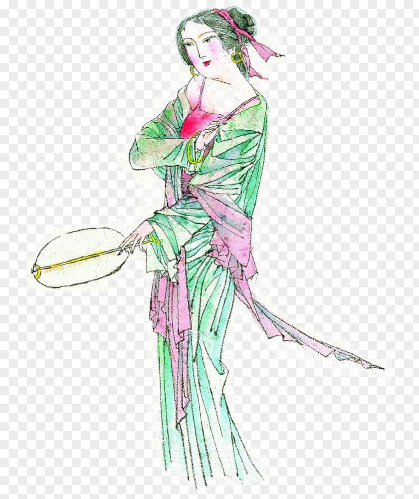 Elegant Woman Tang Dynasty Ink Wash Painting Illustration PNG
