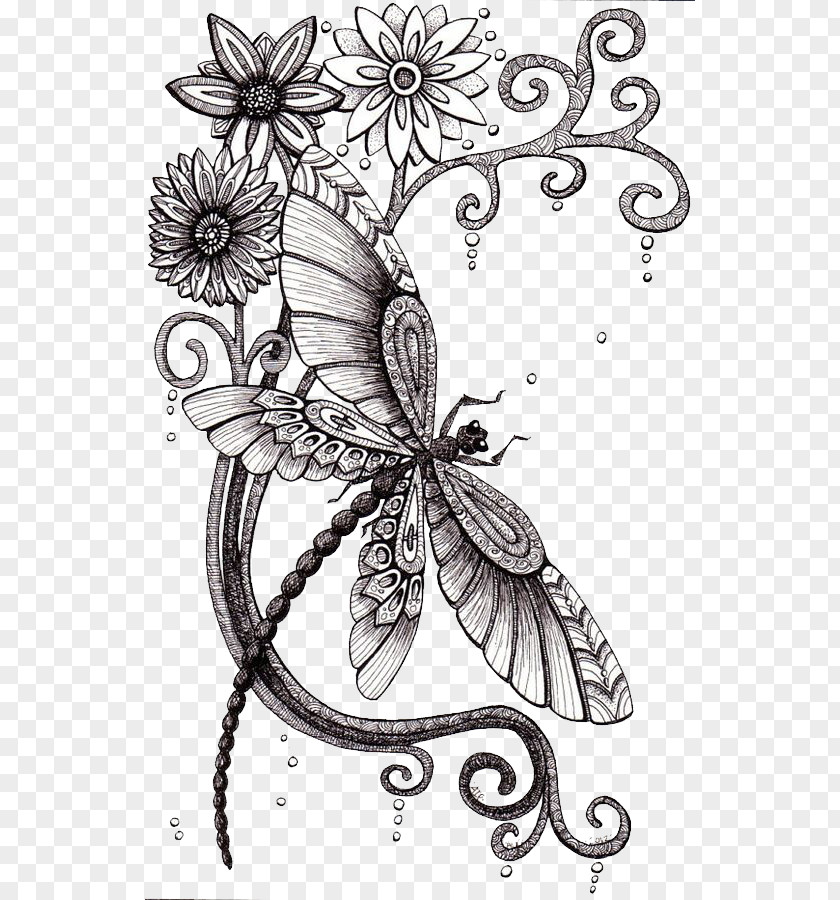 Decorative Painting Flowers Dragonfly Drawing Art Idea Sketch PNG