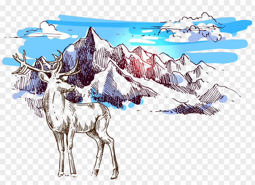 Deer And Snowy Mountains Drawing Illustration PNG