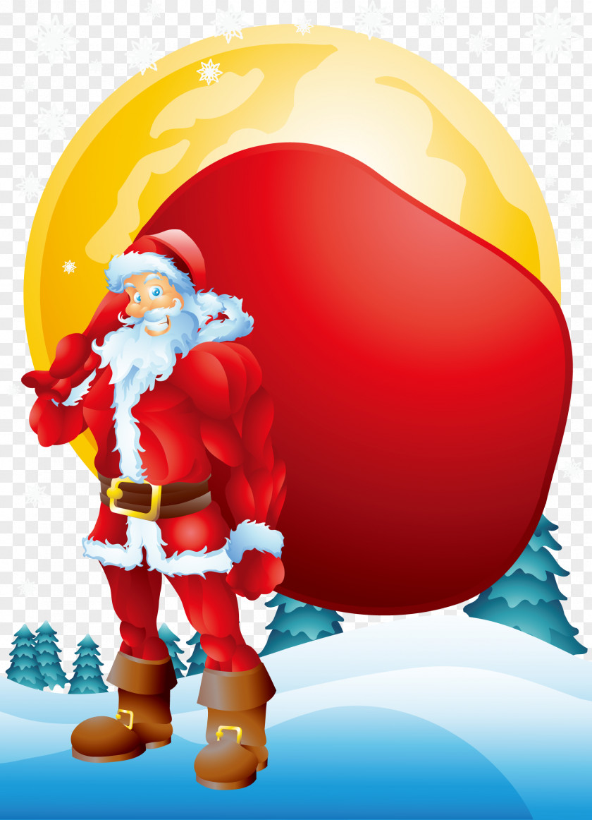 Santa Claus And The Moon Muscle Cartoon Illustration PNG