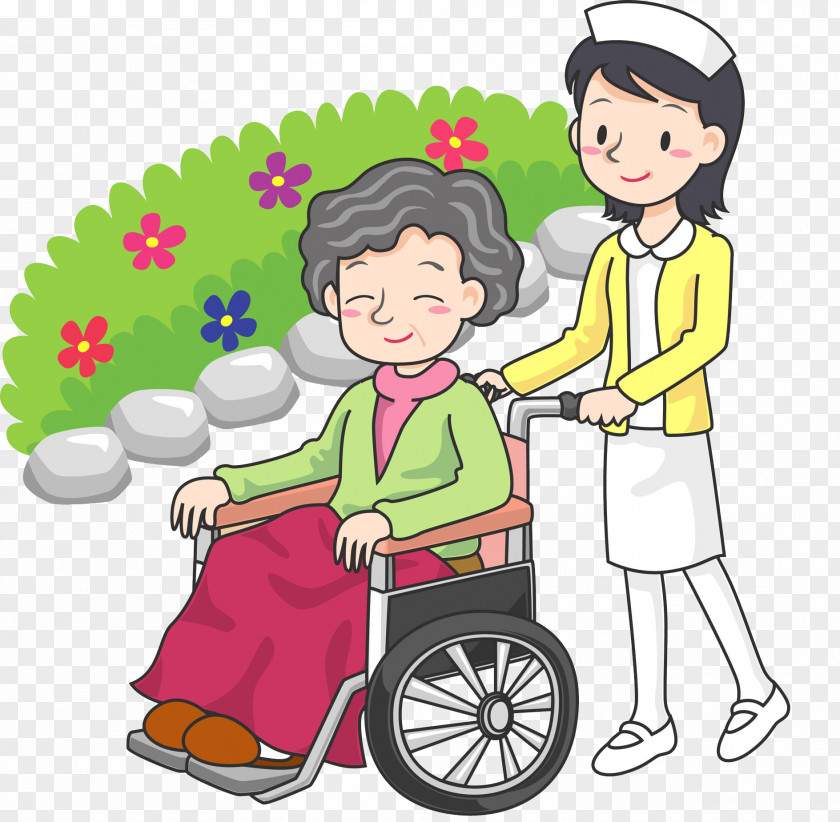 The Nurse Pushed Wheelchair Man For A Walk Cartoon PNG