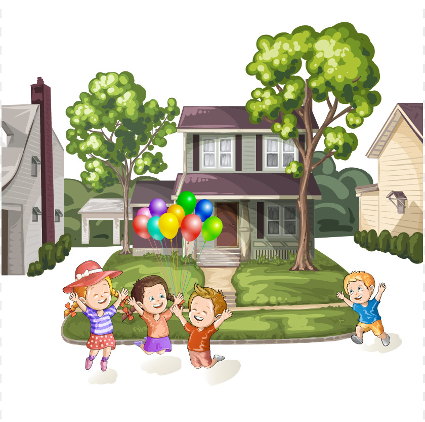 Four Children Play With Balloons And Houses Vector Child Royalty-free Clip Art PNG