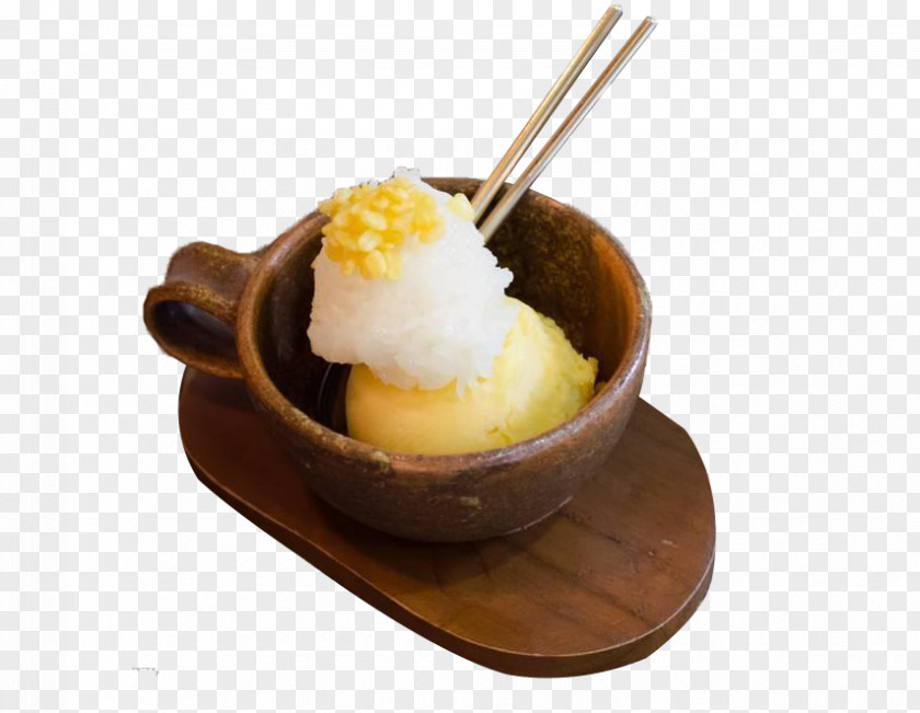 The Wooden Bowl Was Served With Ice Cream And Coconut Milk Jelly Sorbet Tableware PNG