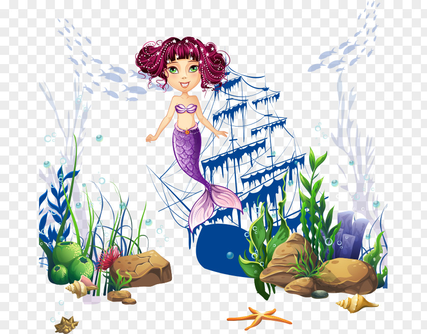 Vector Undersea Mermaid Floral Design Drawing PNG