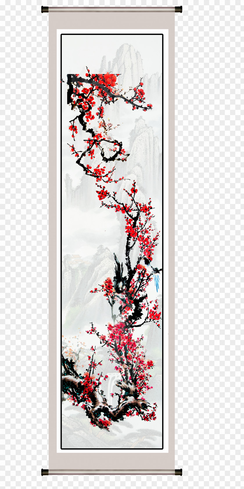 Plum Hanging Scroll Ink Wash Painting Blossom PNG
