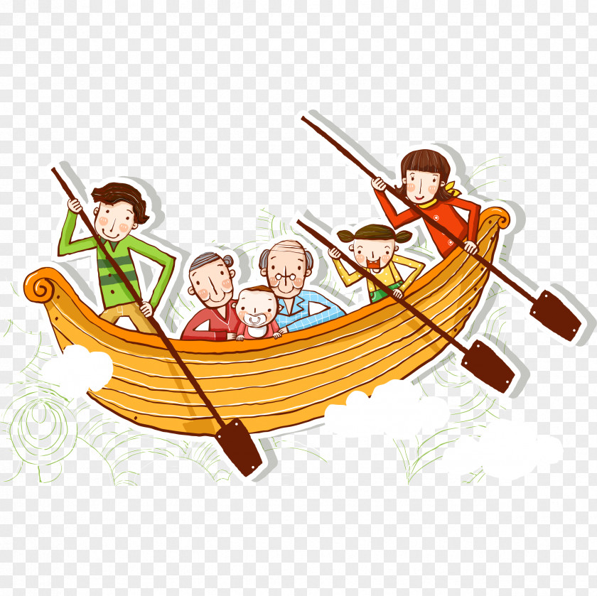 Family Boating Outings Material Cartoon Rowing Illustration PNG