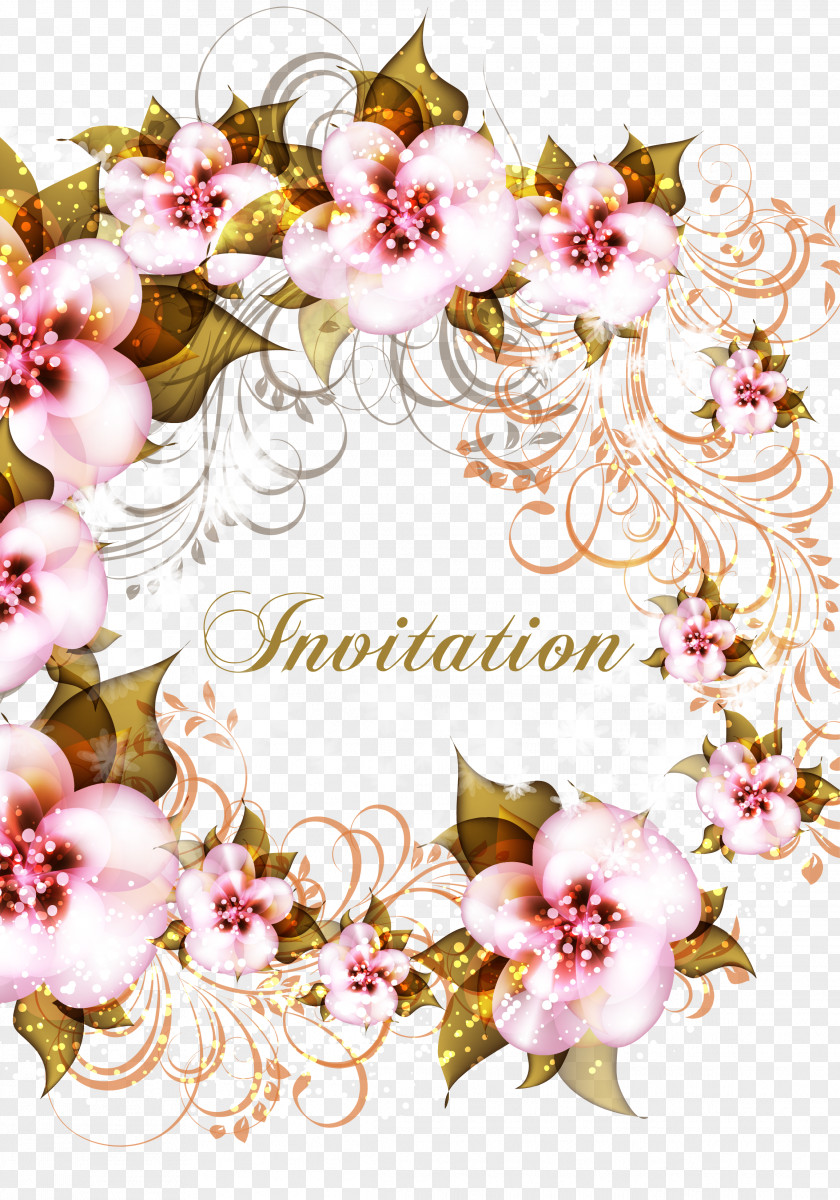 Vector Pink Floral Invitations Flower Garland PNG
