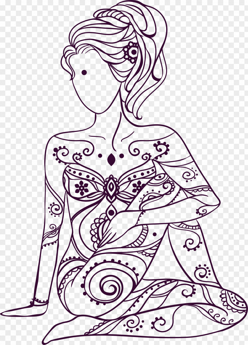 Yoga Tattoo Vriksasana Woman PNG Woman, Black lines girl, floral woman mandala illustration clipart PNG