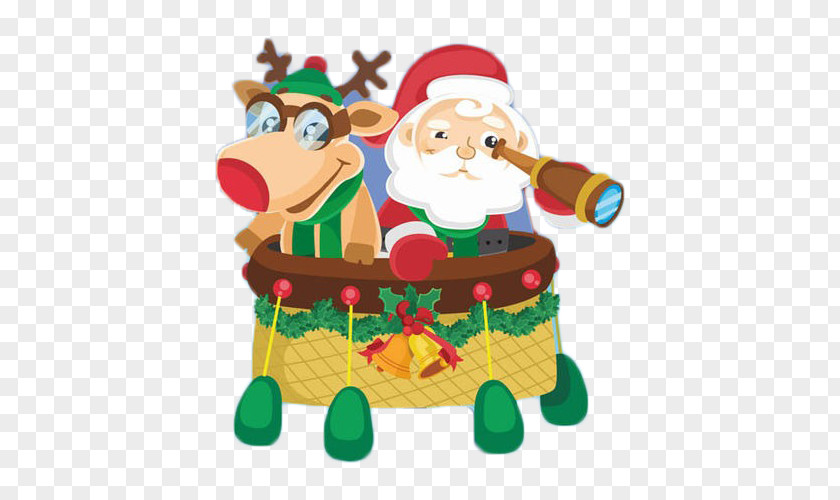 Cartoon Santa And Elk Claus Flight Hot Air Balloon PNG