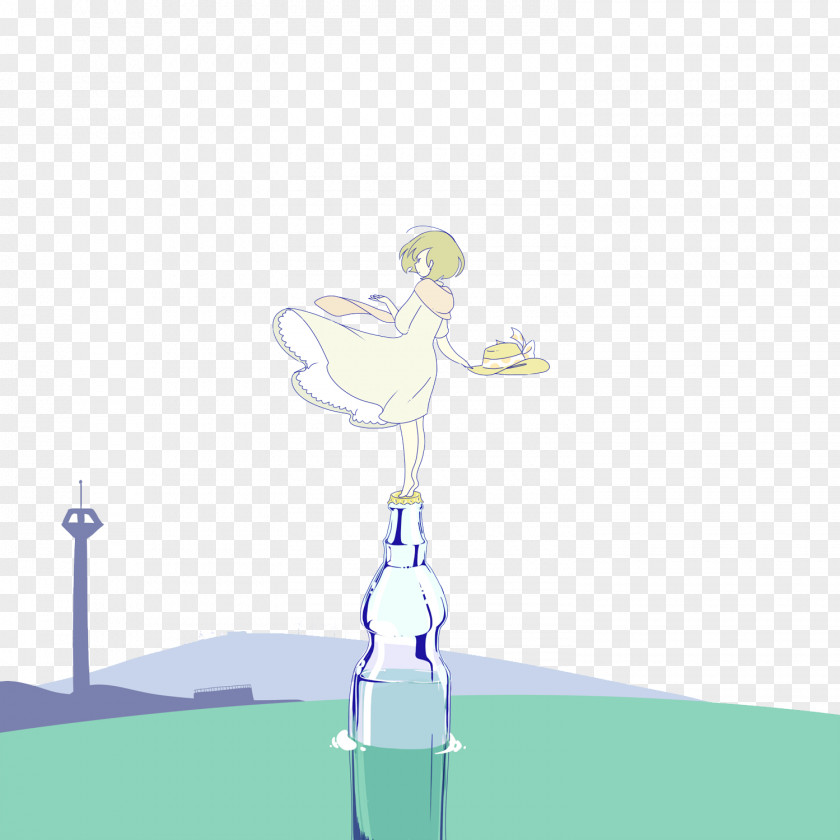 Bottle Glass Illustration PNG Illustration, Girl with a water bottle on the lighthouse clipart PNG