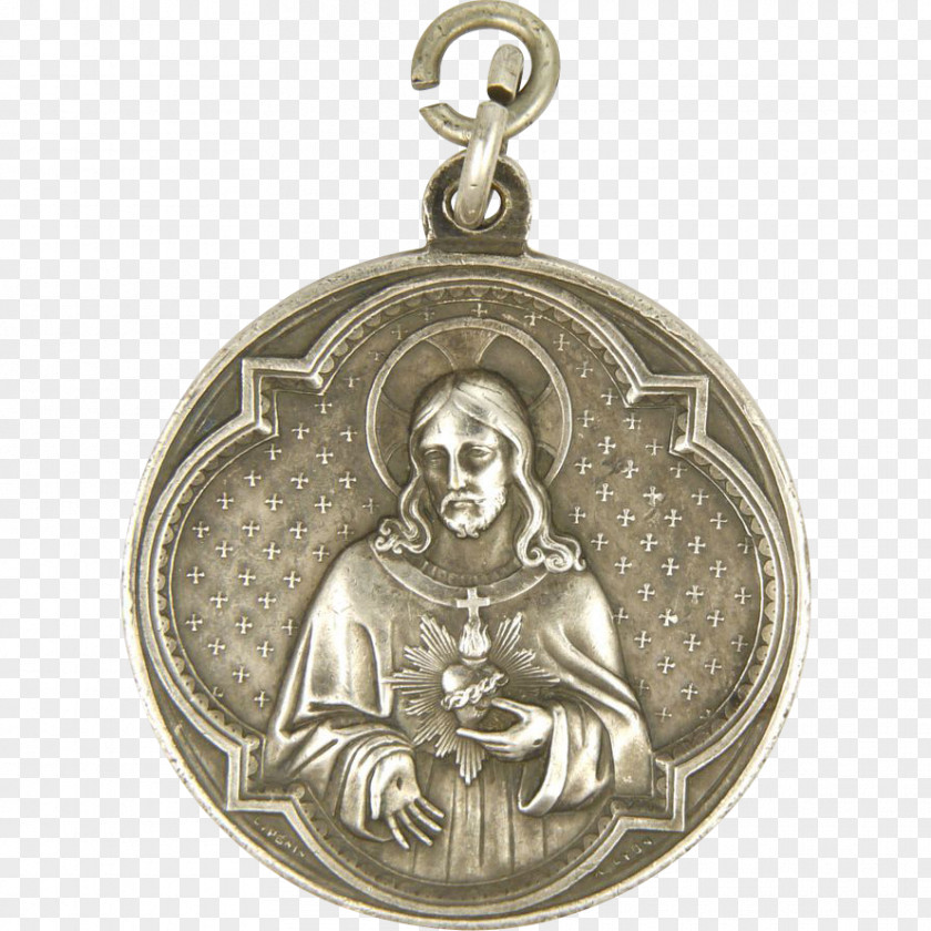Medal Locket Silver Sacred Heart Victorian Era PNG