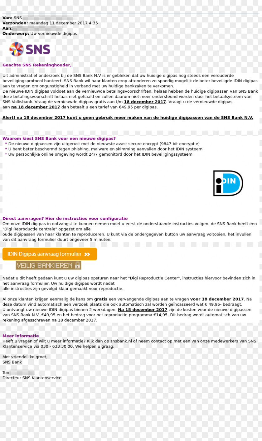 Bank De Volksbank Document Customer Service Phishing PNG