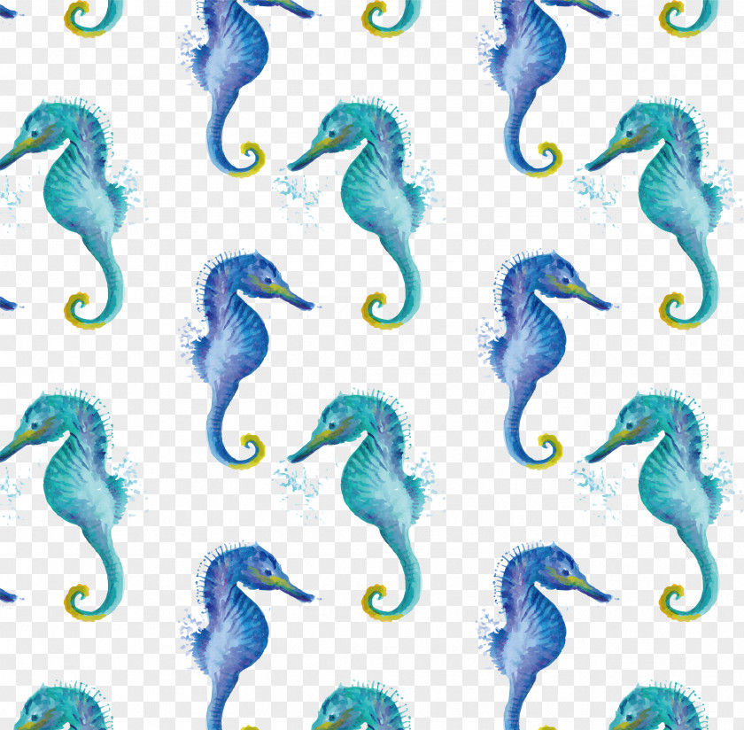 Hand Painted Blue And Green Hippocampus Pattern Seahorse Watercolor Painting PNG