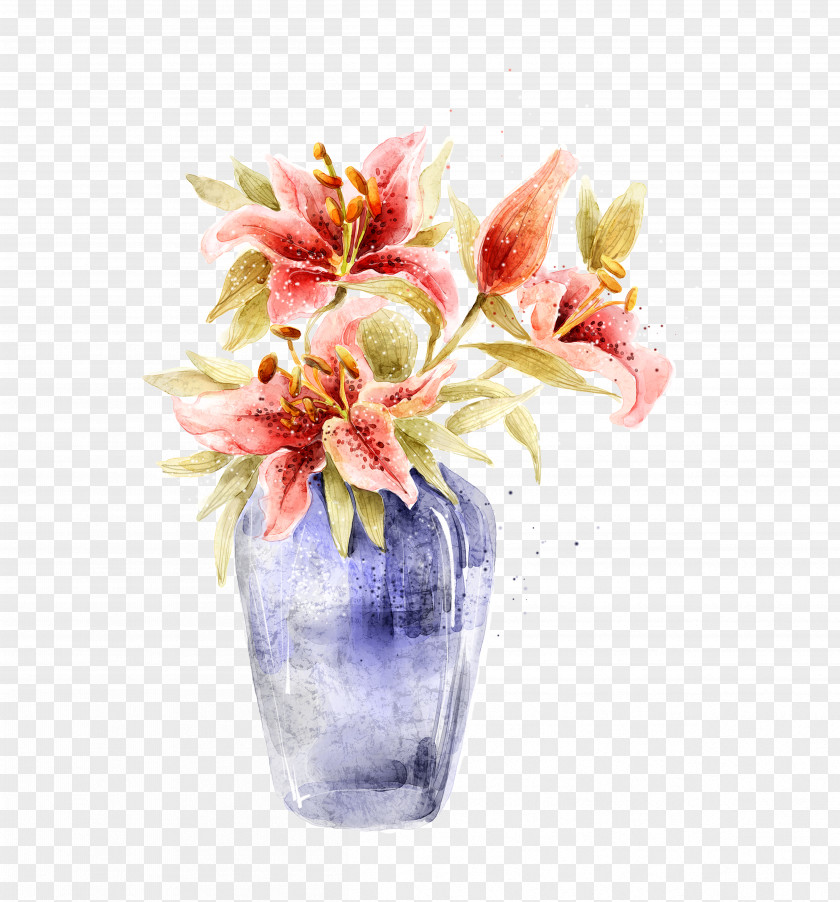 Hand Painted Watercolor Red Lily Vase Painting PNG