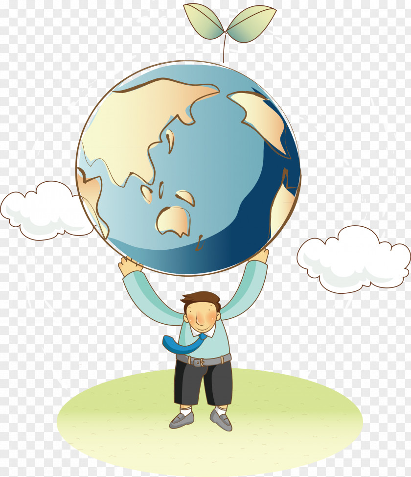 Vector Cartoon Business Man Earth Illustration PNG