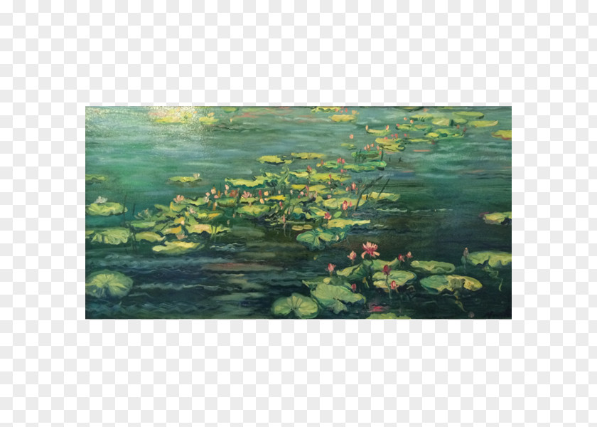 Watercolor Sky Fish Pond Wetland Landscape Aquatic Plants PNG