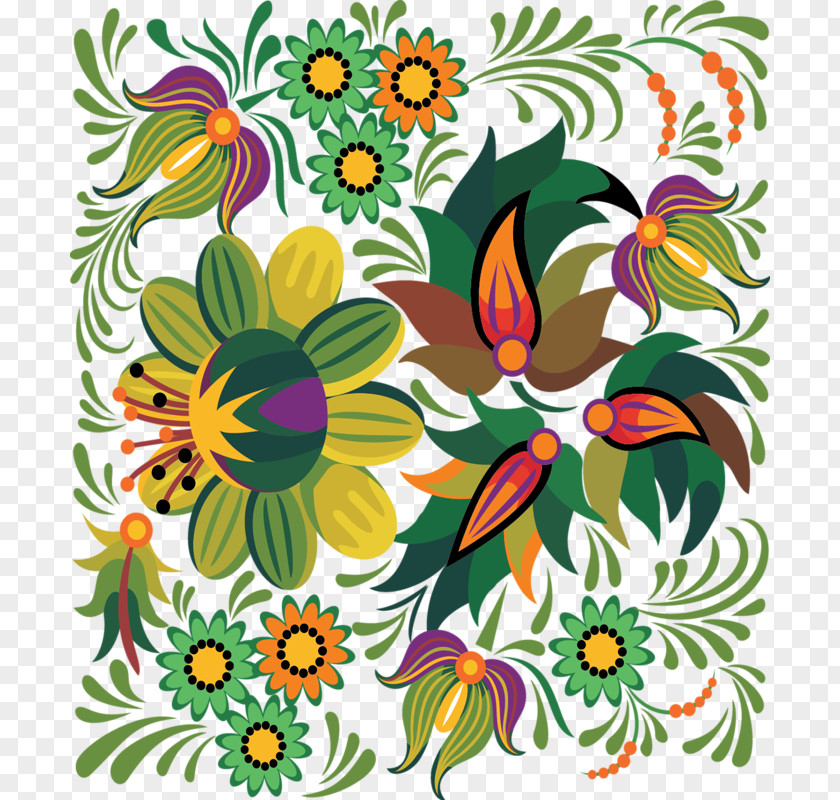 Green Flowers Russian Floral Design Khokhloma Tile PNG