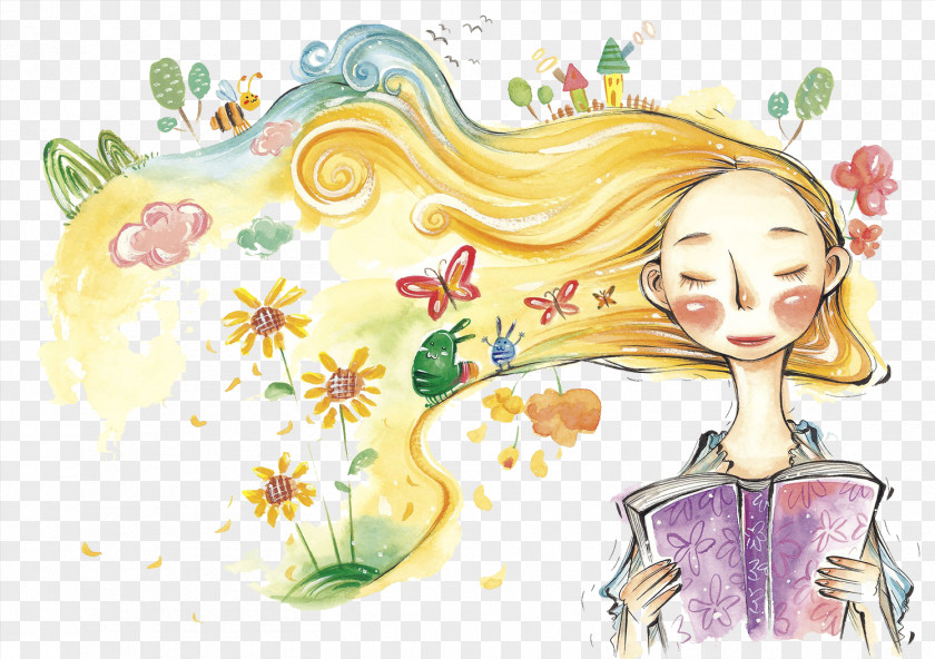 The Illustration Is Breezy And Girl's Hair Blowing Watercolor Painting Childhood PNG