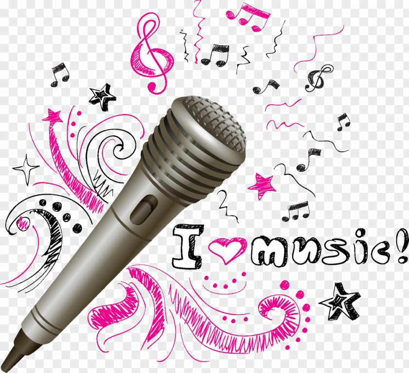 Microphone And Hand-painted Background Pattern Image Musical Note Drawing PNG