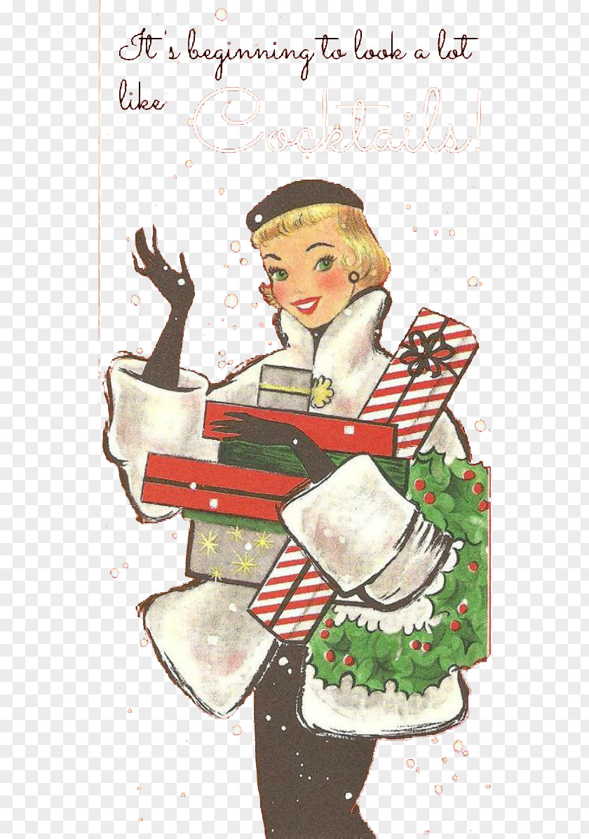 European Blonde Woman Holding Gift Christmas Ornament Card Holiday Vintage Clothing PNG
