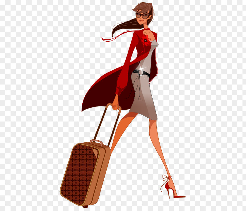Baggage Suitcase Travel Stock Photography PNG photography , Girl, woman in gray dress with brown luggage clipart PNG