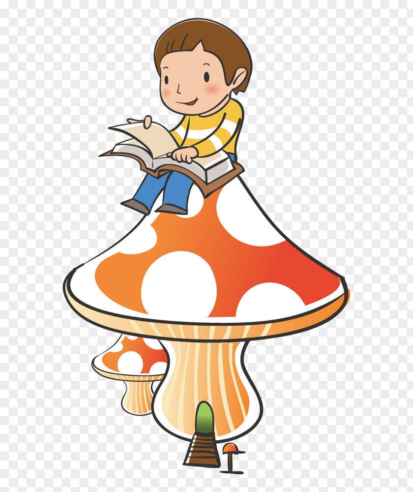 Boy Sitting Reading A Book On Mushrooms PNG