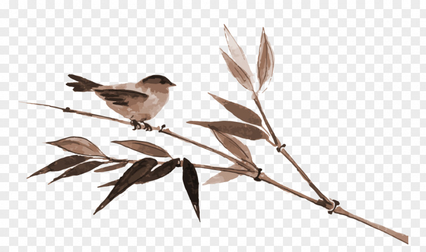 Vector Hand-painted Bamboo Sparrow Japanese Painting Ink Wash Cherry Blossom PNG