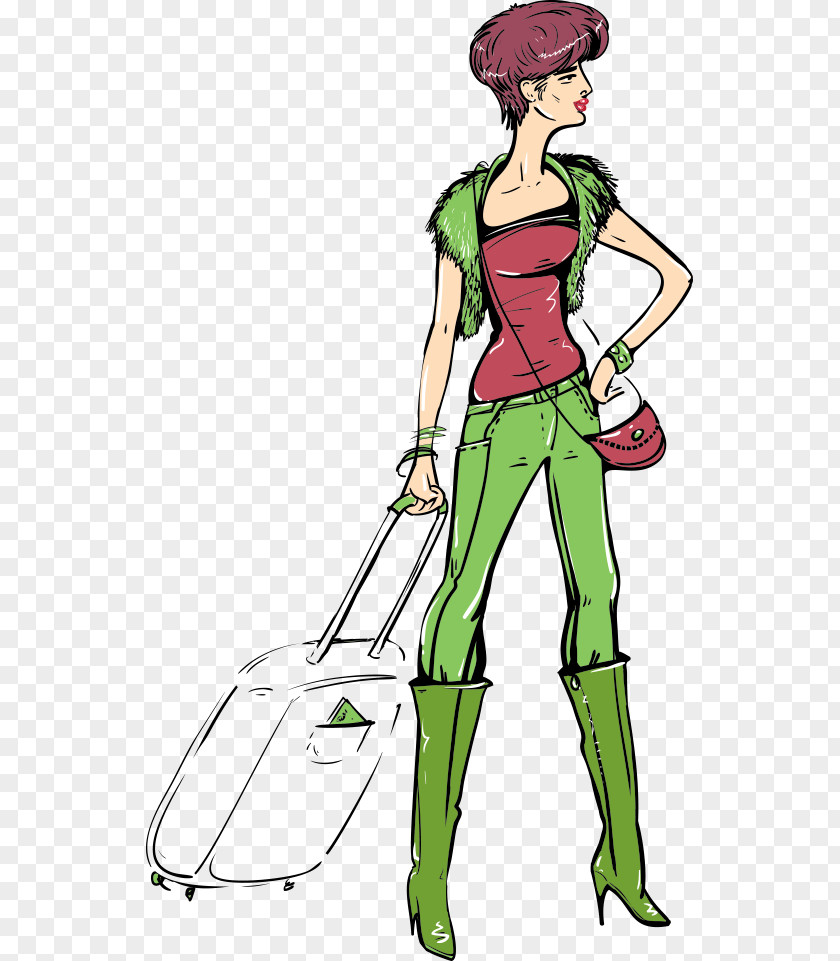 Vector Woman Pulling Luggage Suitcase Clip Art PNG