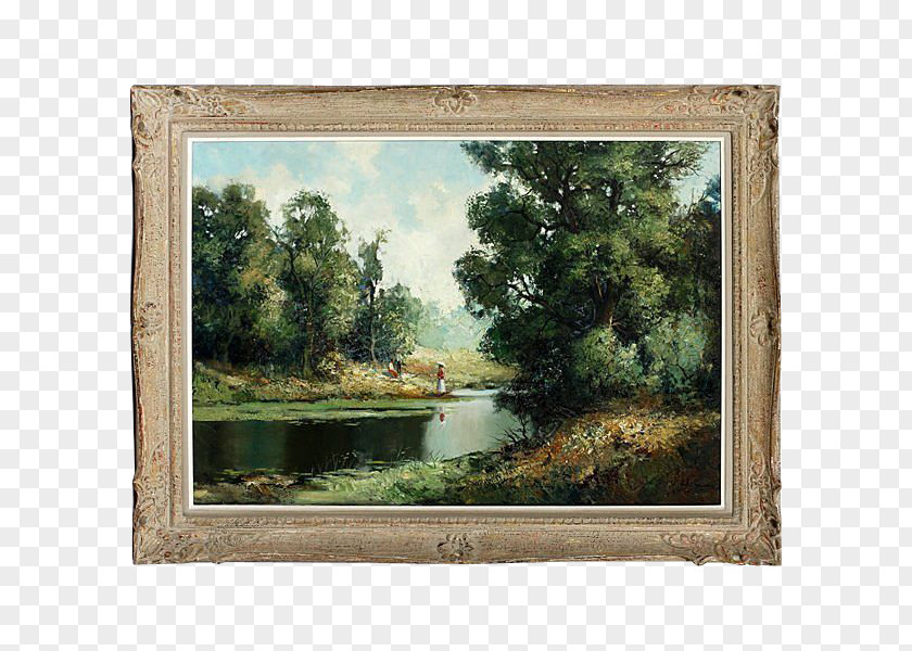Watercolor Frame Harbour At Sunset A Wooded Landscape Oil Painting Canvas PNG