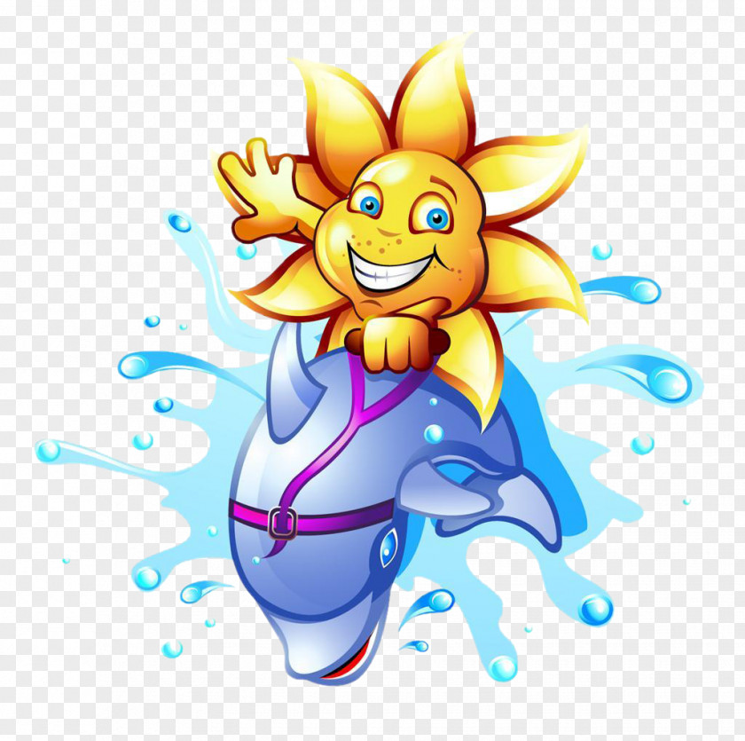 Riding A Dolphin Cartoon Sun Smiley Surfing PNG