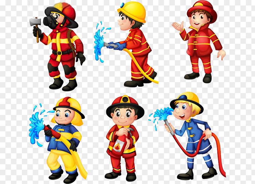 Creative Hand-painted Cartoon Fireman Firefighter Fire Engine Station Clip Art PNG