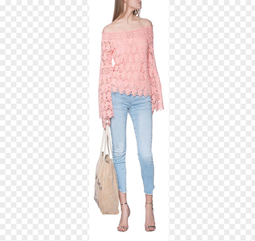Jeans Shoulder Pink M Sleeve Blouse PNG
