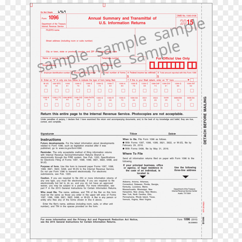 Blank Ticket Stub Document Form 1096 Internal Revenue Service IRS Tax Forms PNG